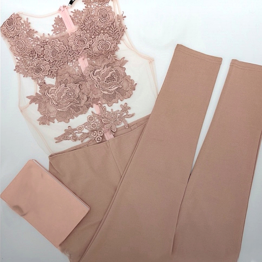 Iris Embroidered Mesh top Jumpsuit pink